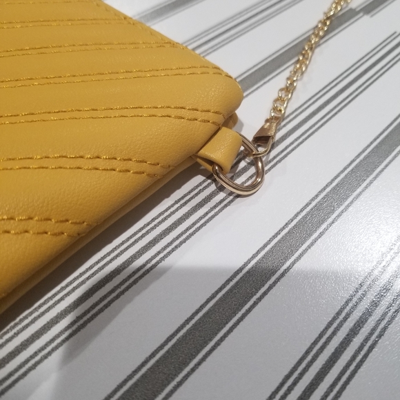 Dandelion Yellow Quilted Chevron Ribbed Crossbody Bag with Gold Chain & Tassel - Picture 6 of 16